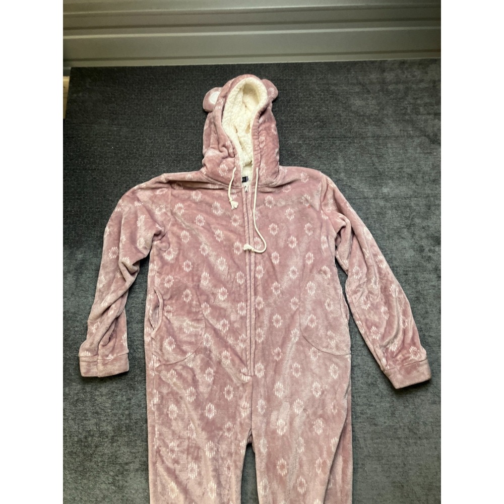 NT CLASICE One Piece Womens Large Pink Crushed Fleece Cozy Warm Hooded Front Zip